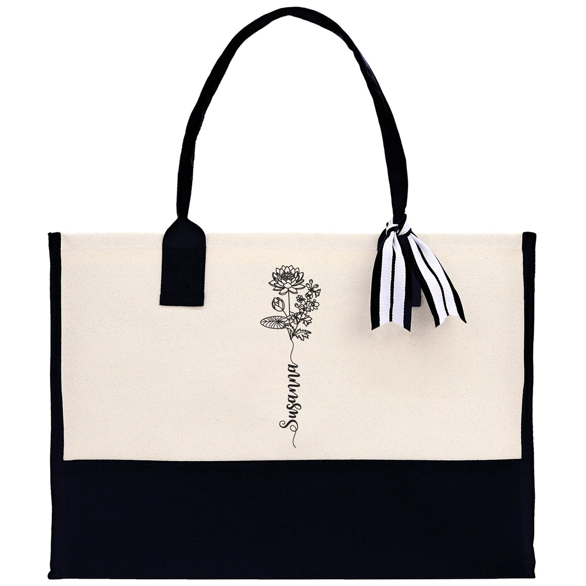 Personalized Kids and Grandkids Name Cotton Canvas Tote Bag Custom Flower Tote Bag Gift for Mom Gift for Grandma Birth Month Grandkids Name
