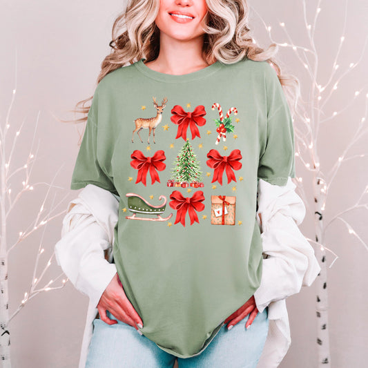 Comfort Colors Christmas T-shirt, Vintage Holiday Graphic Tee, Cozy Festive Reindeer Sleigh Bows Candy Cane Gift Top
