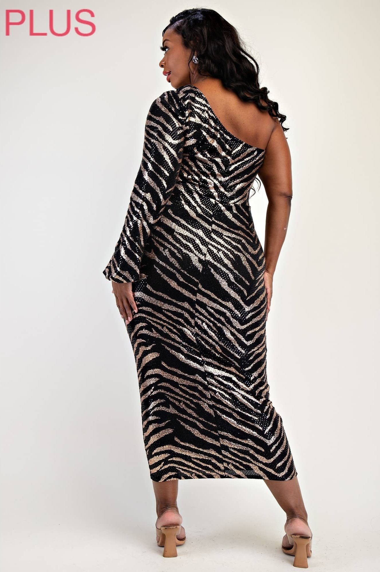 Jaylin Plus Size Sequins Knit One Shoulder Dress with Cutout
