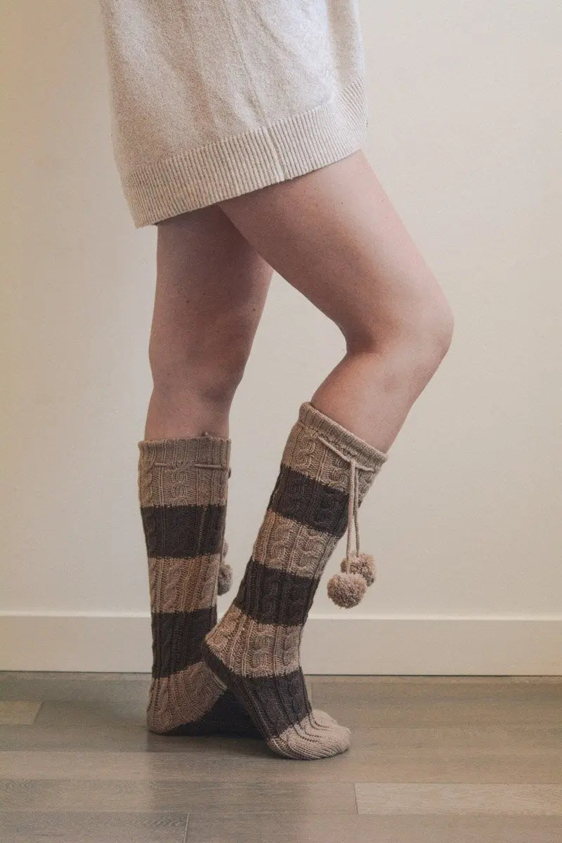 Knee High Striped Pom Socks