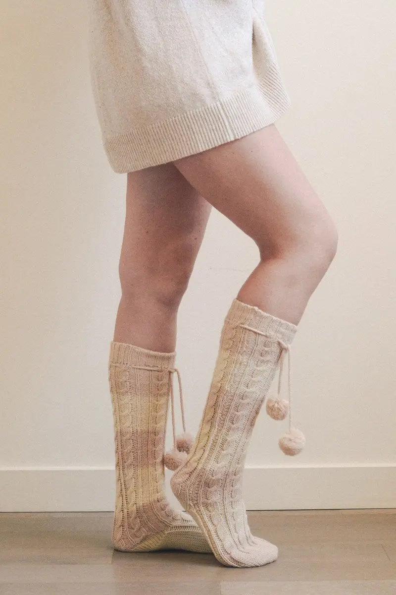Knee High Striped Pom Socks