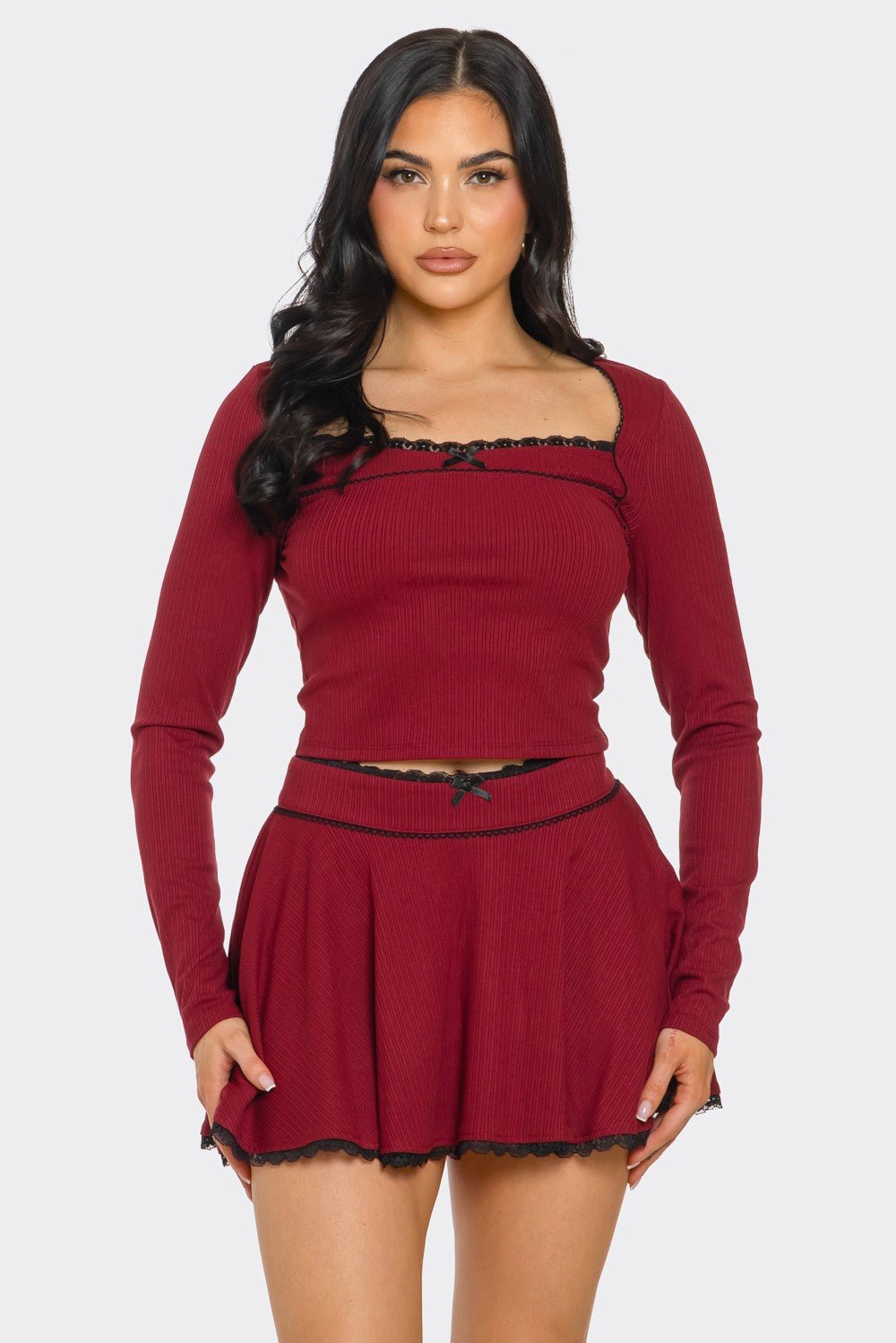 Lace Trim Long Sleeve Top and Skirt Set – Wine Red Two-Piece Outfit