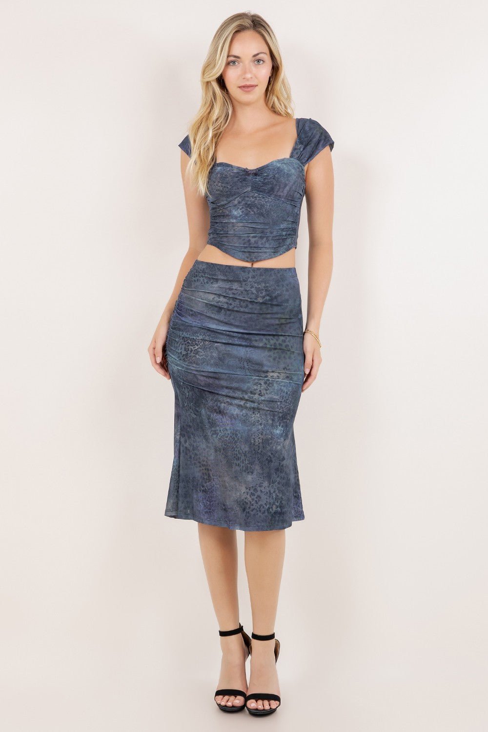 Leopard Print Navy Crop Top & Midi Skirt Set | Trendy Two-Piece Outfit
