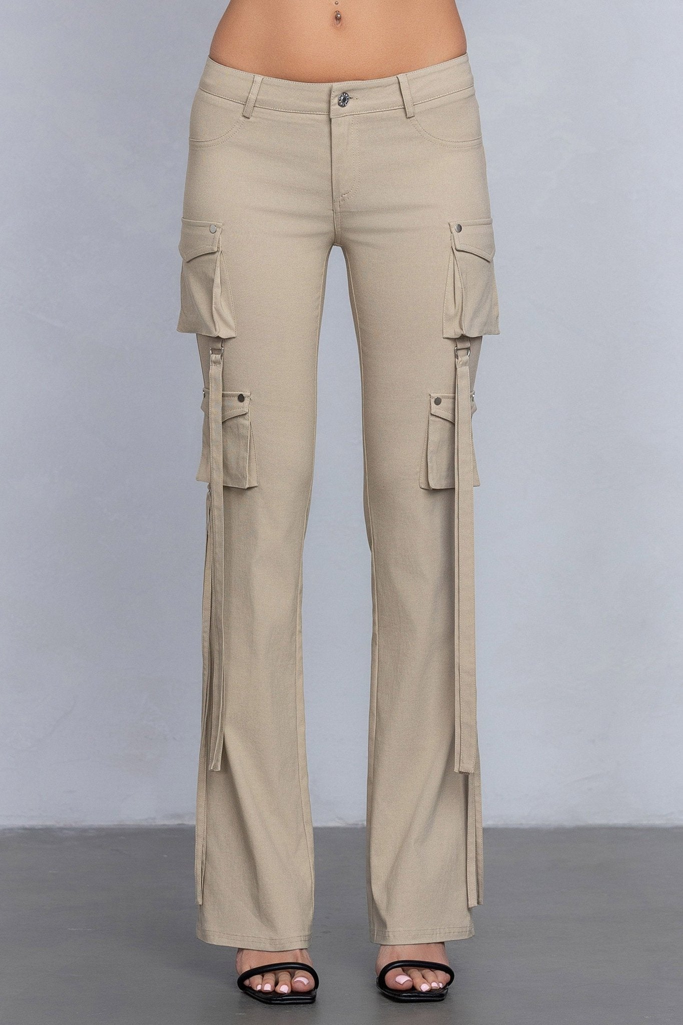 Low Rise Flared Cargo Pants | Stretchy Woven Streetwear with Strap Details