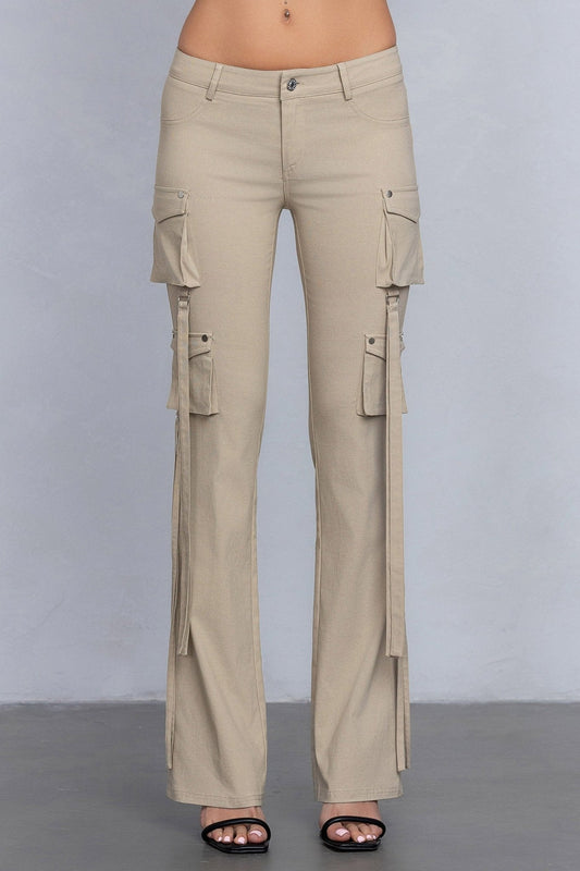 Low Rise Flared Cargo Pants | Stretchy Woven Streetwear with Strap Details
