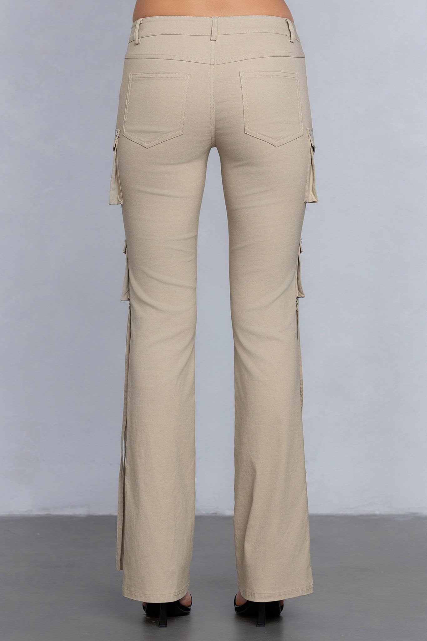 Low Rise Flared Cargo Pants | Stretchy Woven Streetwear with Strap Details