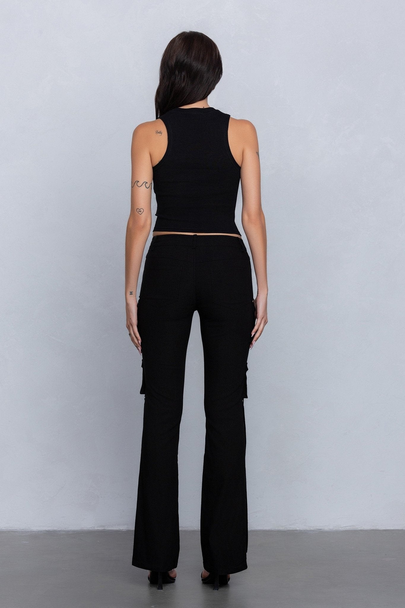 Low Rise Flared Cargo Pants | Stretchy Woven Streetwear with Strap Details