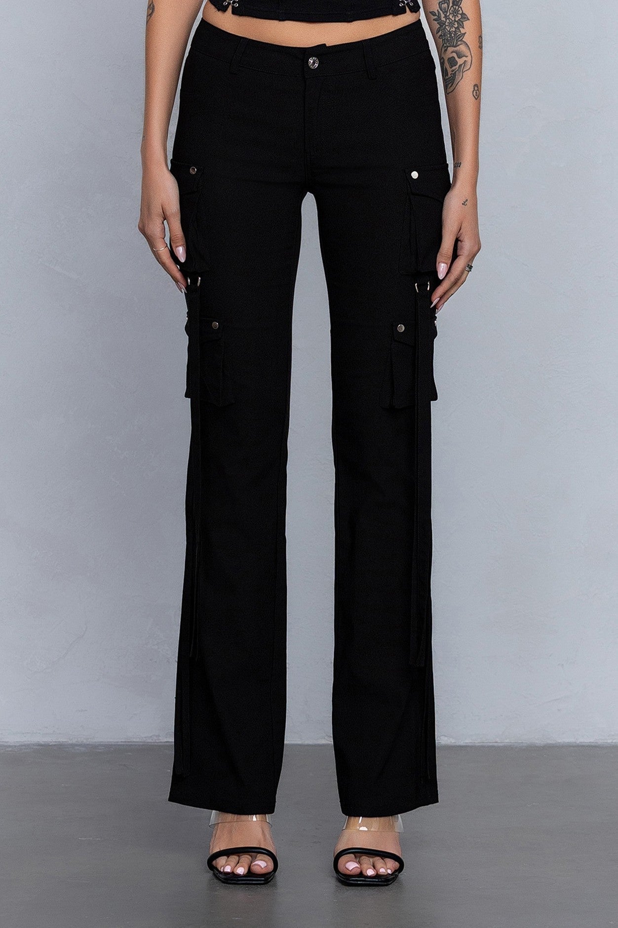 Low Rise Flared Cargo Pants | Stretchy Woven Streetwear with Strap Details