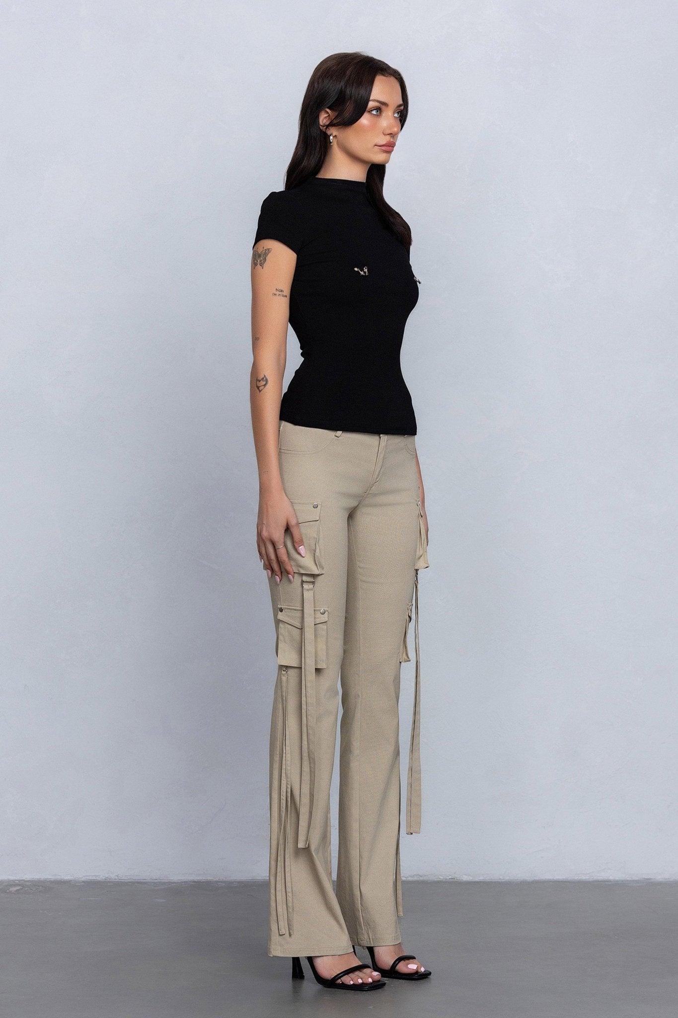 Low Rise Flared Cargo Pants | Stretchy Woven Streetwear with Strap Details