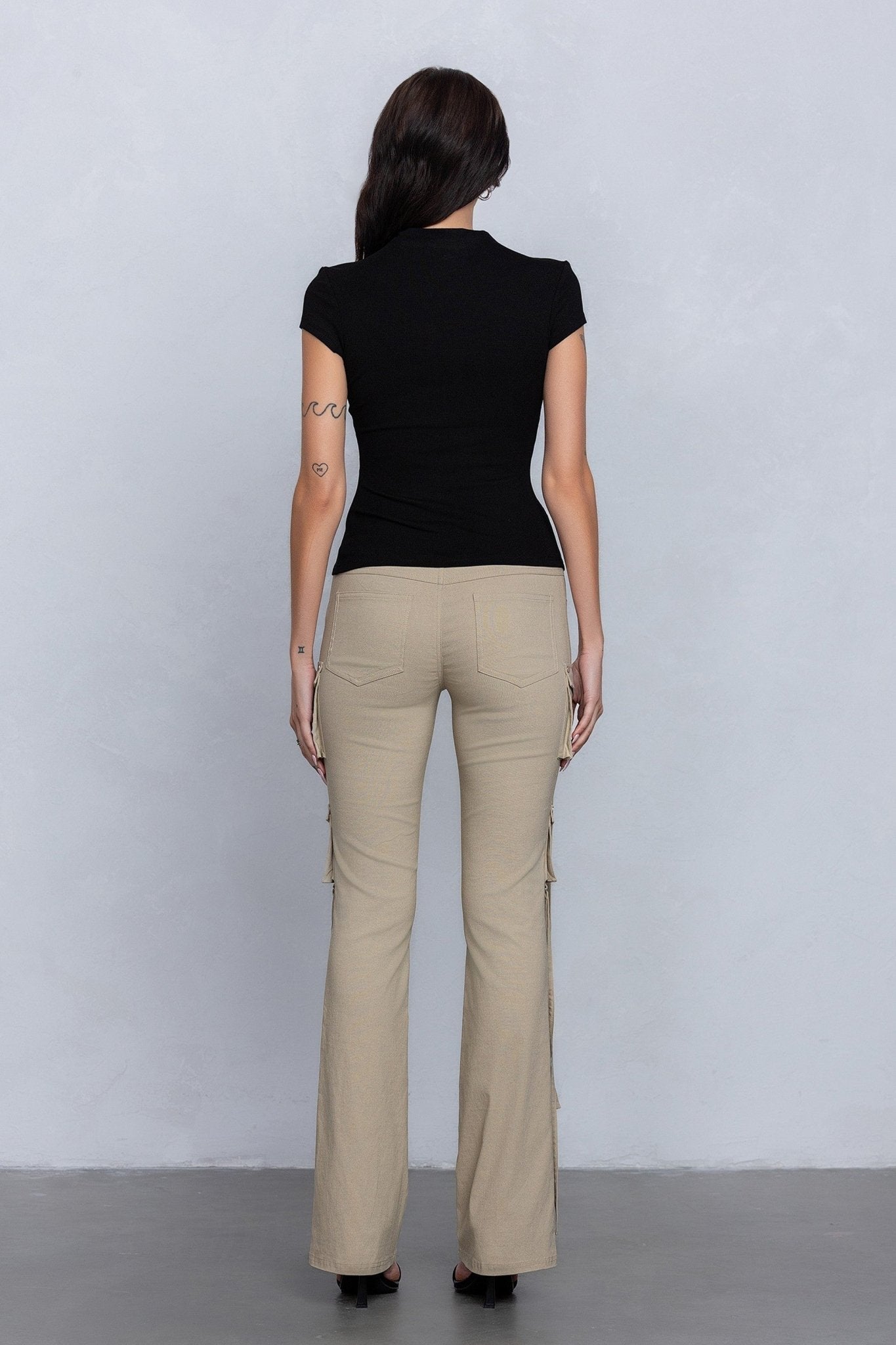 Low Rise Flared Cargo Pants | Stretchy Woven Streetwear with Strap Details