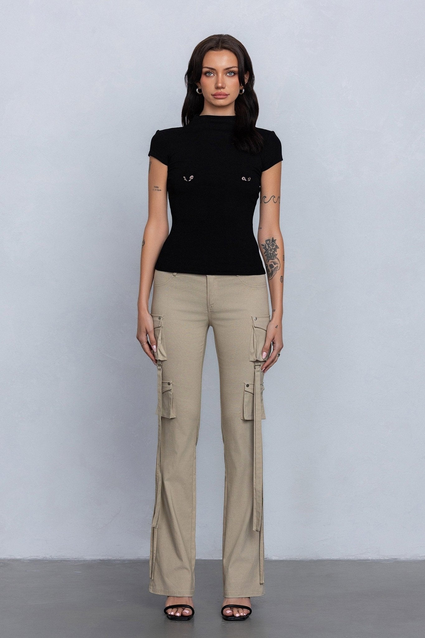 Low Rise Flared Cargo Pants | Stretchy Woven Streetwear with Strap Details