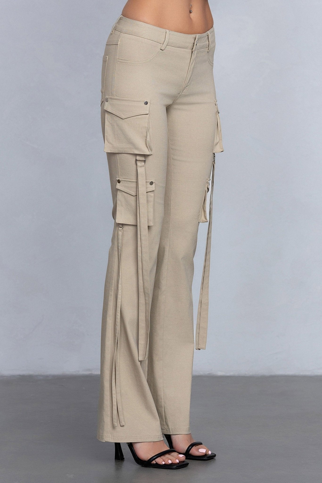 Low Rise Flared Cargo Pants | Stretchy Woven Streetwear with Strap Details