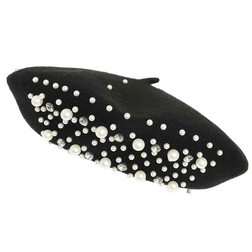 Luxe Pearl Stone Cluster Embellished 100 % Wool Beret