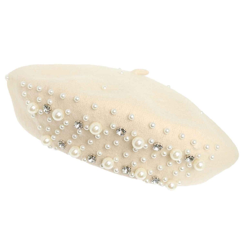 Luxe Pearl Stone Cluster Embellished 100 % Wool Beret