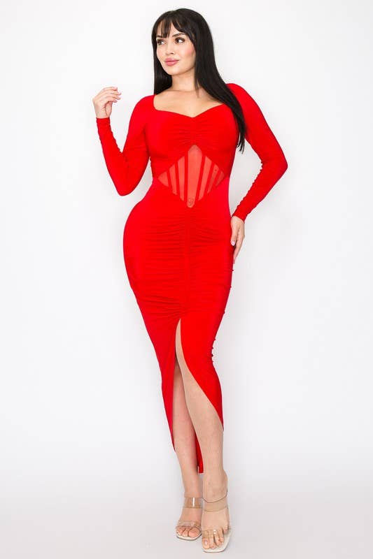 Maribella Ruched Long Sleeve Dress With Mesh Detail - Elegant Cocktail & Evening Wear