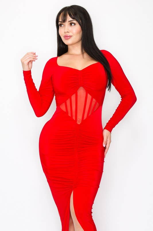 Maribella Ruched Long Sleeve Dress With Mesh Detail - Elegant Cocktail & Evening Wear