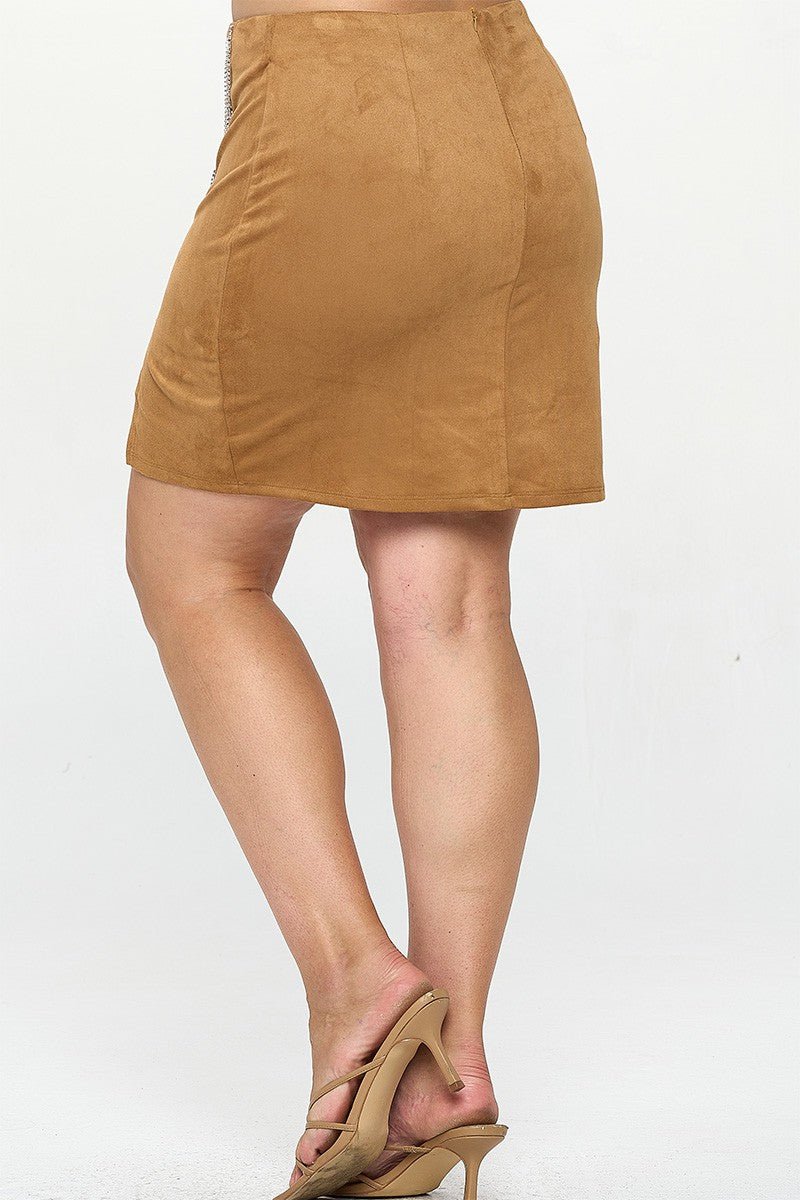 Maxine Plus Size Faux Suede Rhinestone Slit Mini Skirt – Side Slit with Fringe | Chic Night Out