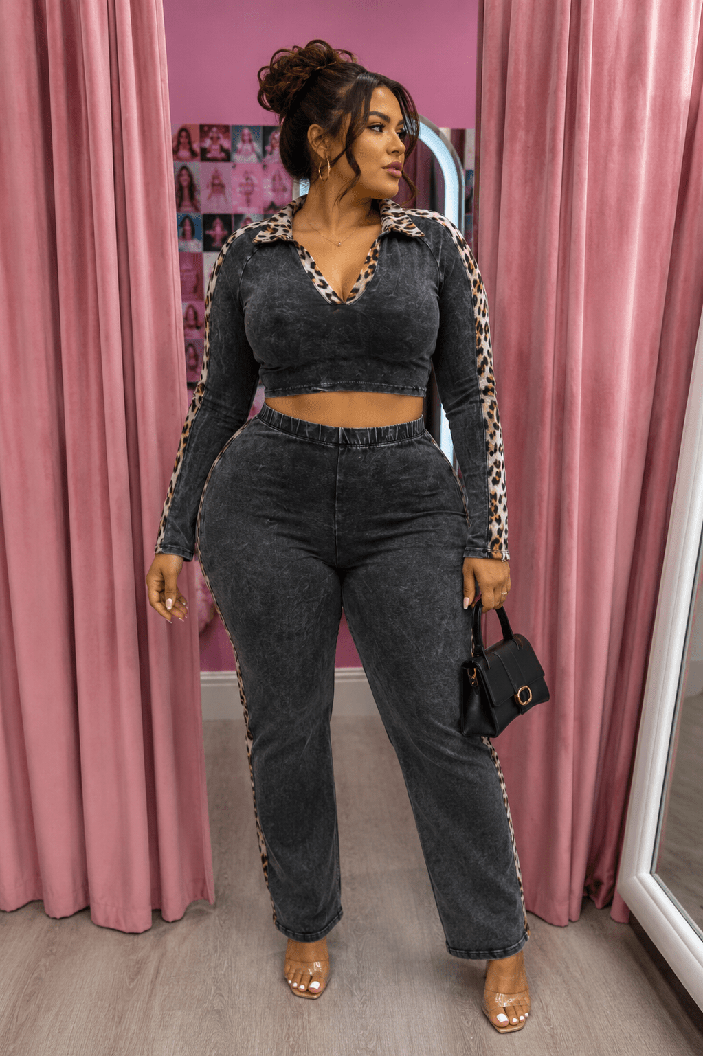 Maya Curvy Mineral Washed Crop Top & Stretch Pull-On Pants Set Leopard Contrast