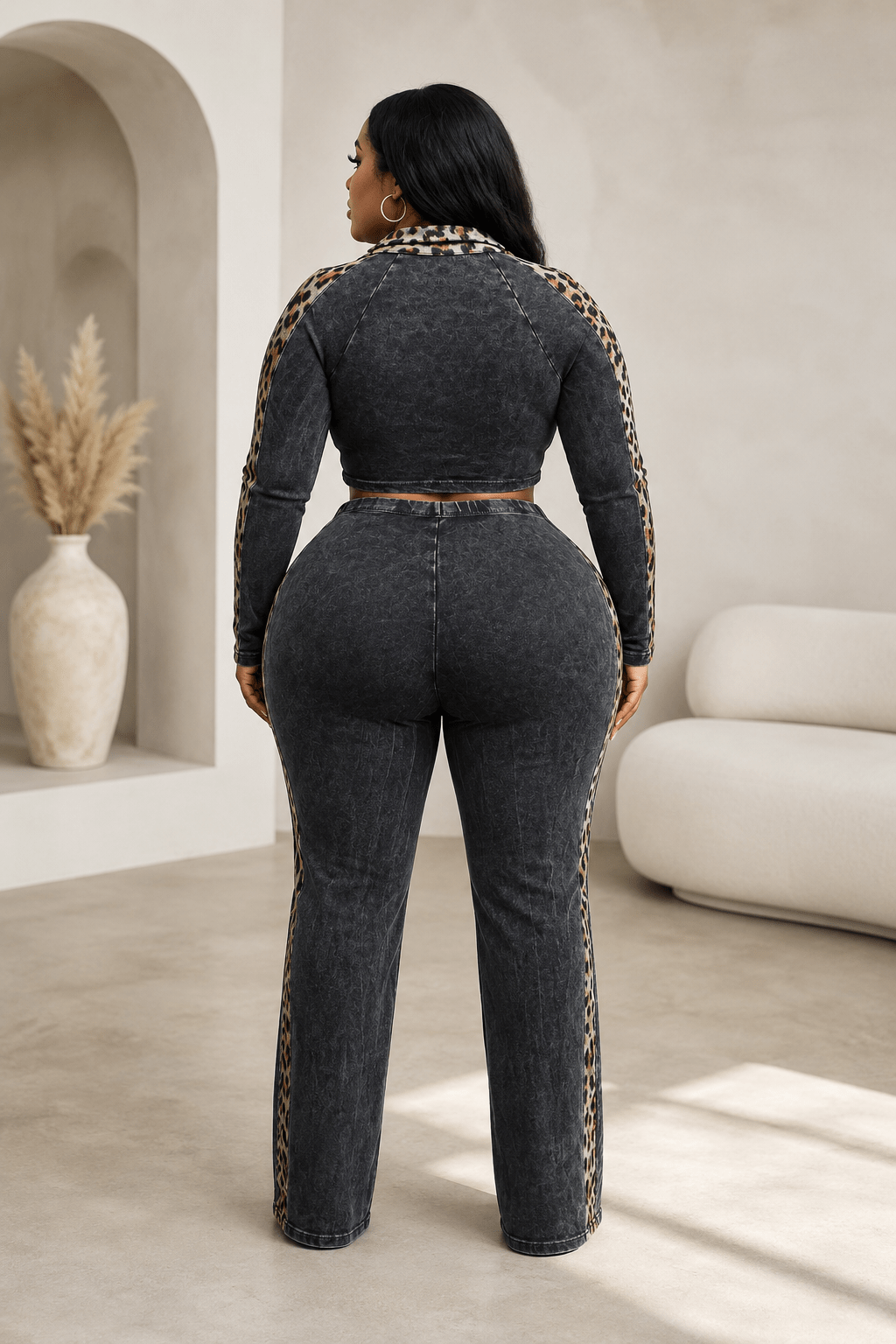 Maya Curvy Mineral Washed Crop Top & Stretch Pull-On Pants Set Leopard Contrast