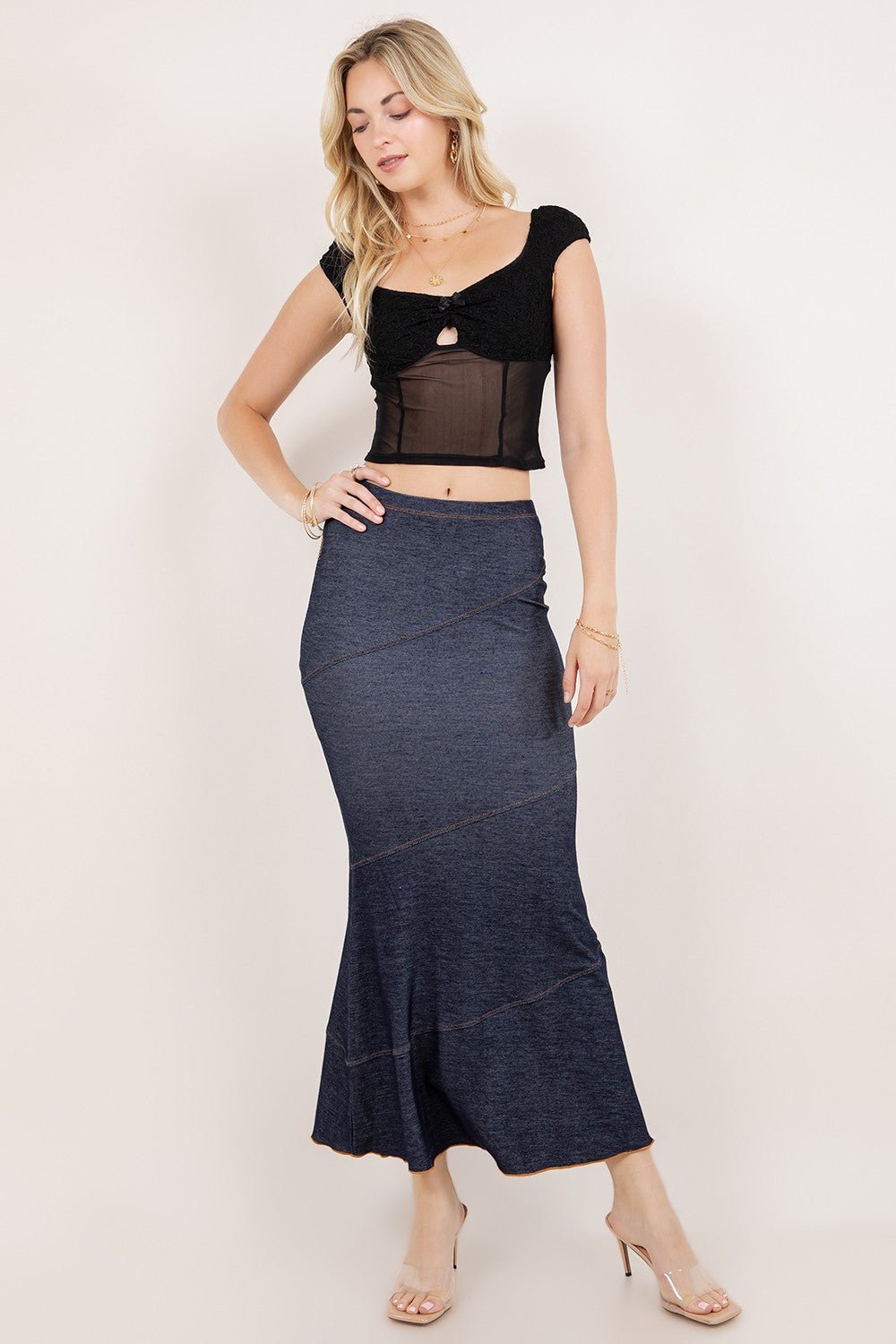 Melissa Mermaid Denim Maxi Skirt – Stretchy High-Waist Flared Skirt | Trendy Look