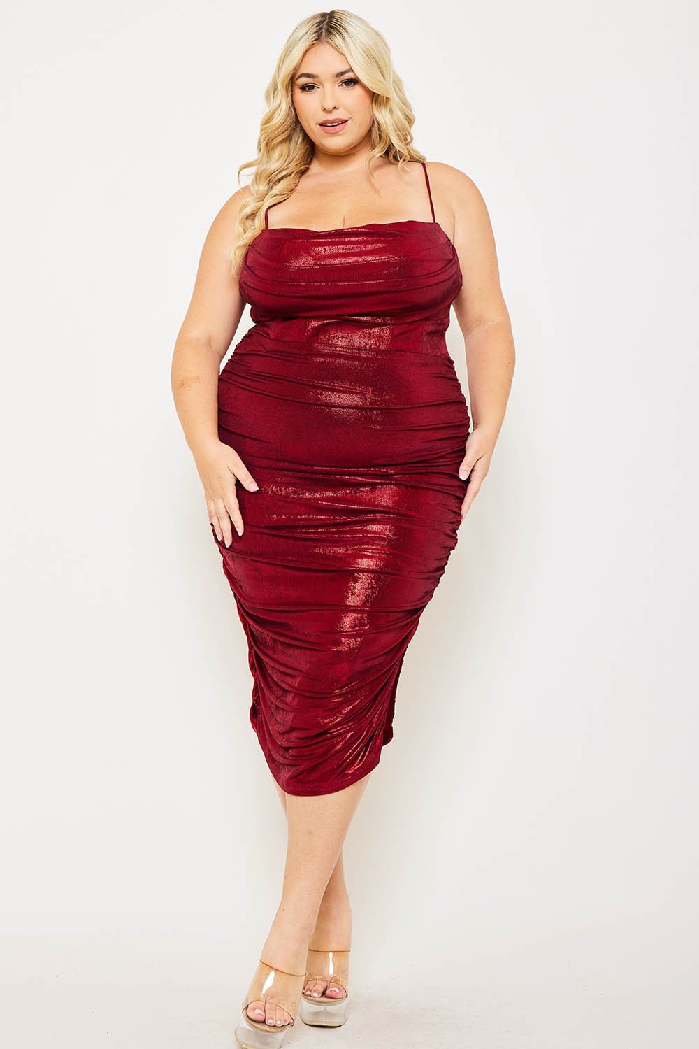 Metallic Burgundy Plus Size Midi Dress – Cowl Neck, Spaghetti Straps & Side Slit
