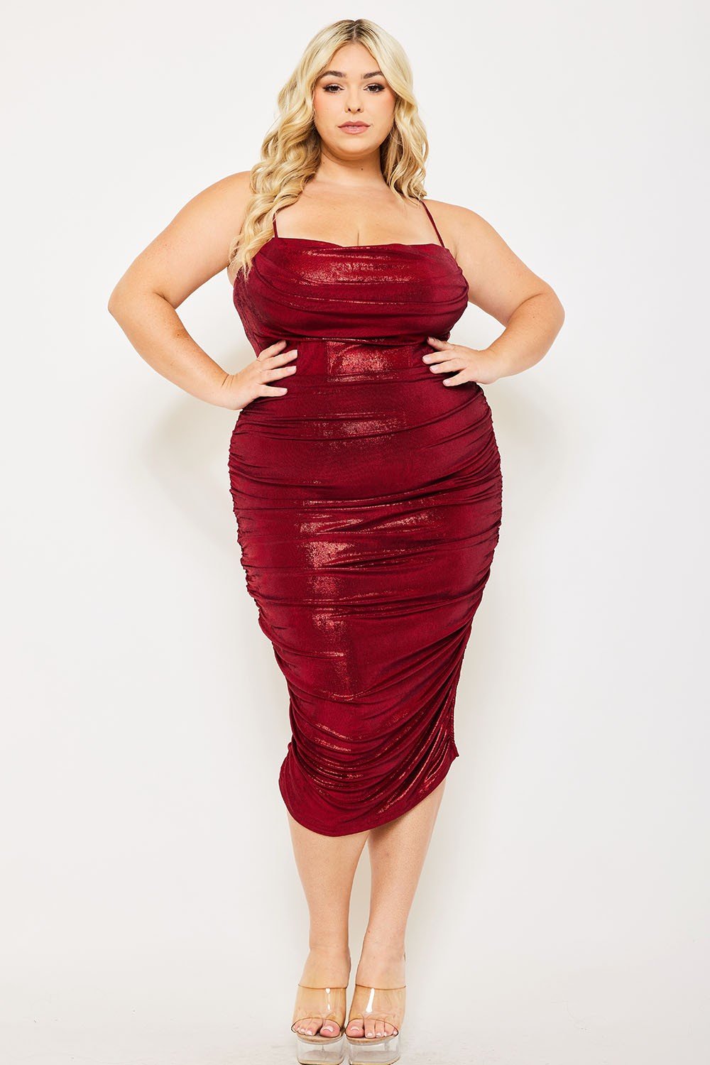 Metallic Burgundy Plus Size Midi Dress – Cowl Neck, Spaghetti Straps & Side Slit