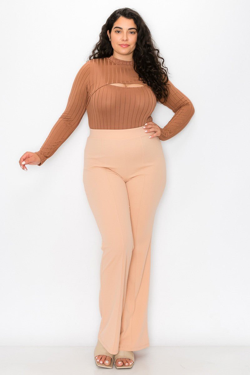 Mocha Plus Vertical Lined Bodysuit with Shrug Top | 2-Piece Set