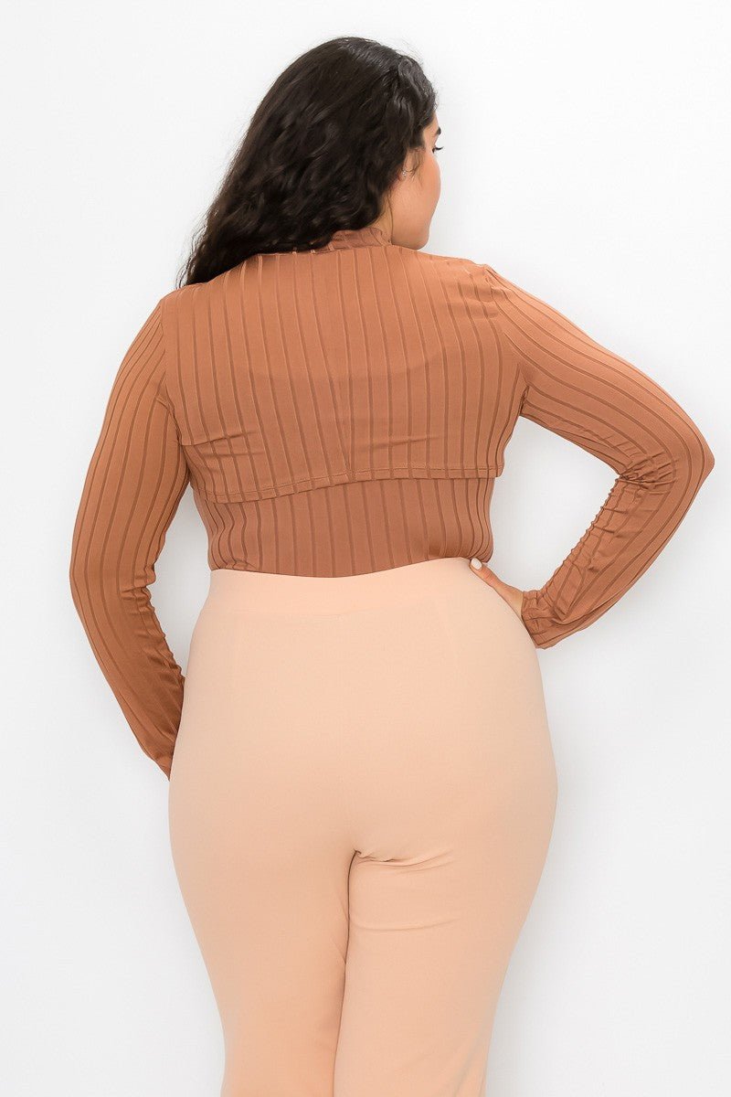 Mocha Plus Vertical Lined Bodysuit with Shrug Top | 2-Piece Set