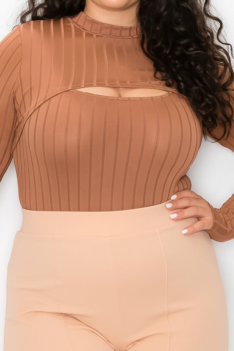 Mocha Plus Vertical Lined Bodysuit with Shrug Top | 2-Piece Set