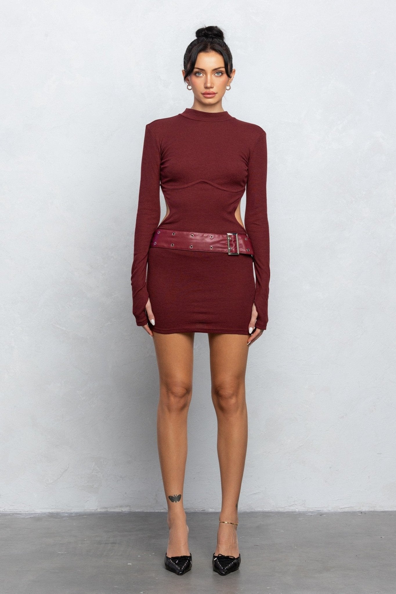 Mock Neck Belted Open Back Mini Knit Dress | Chic Ribbed Knit Style