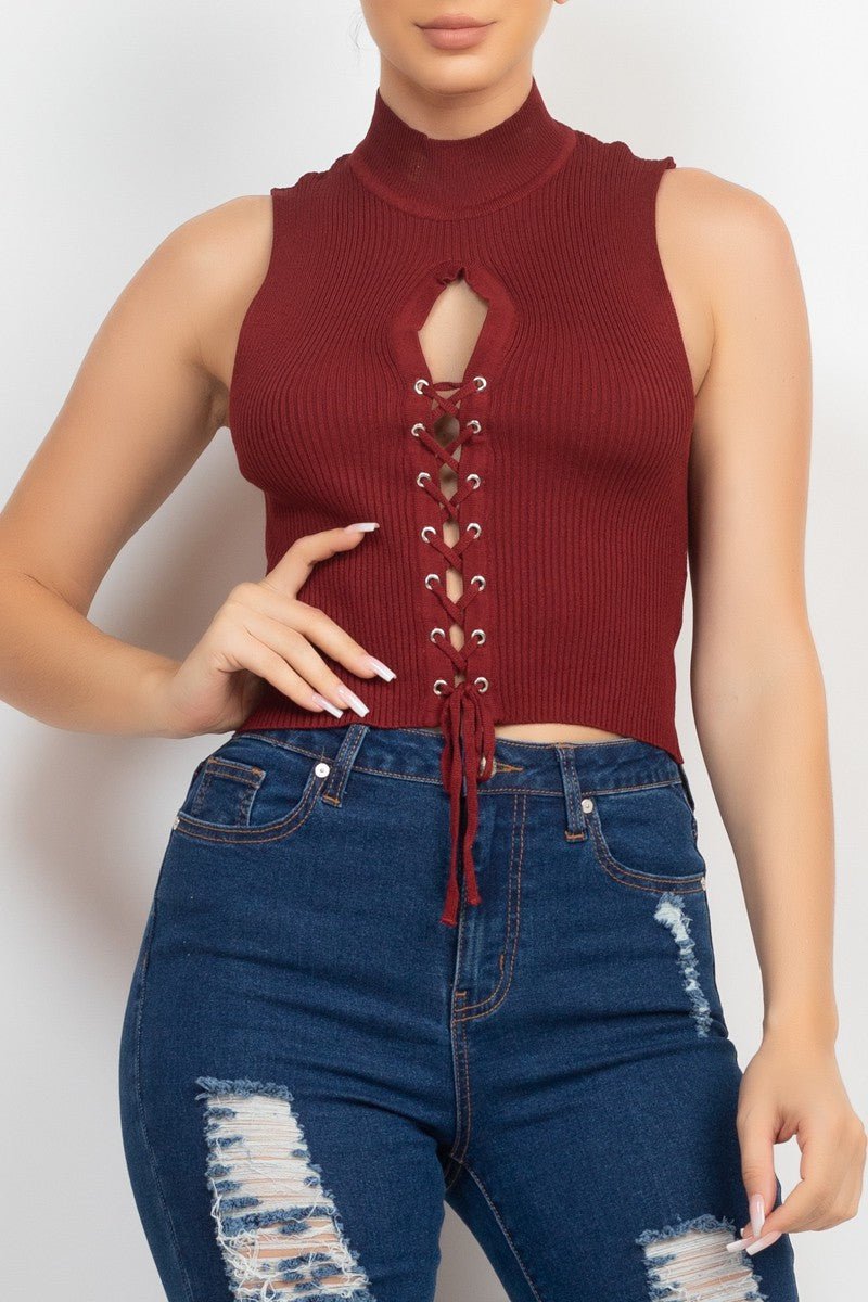 Mock Neck Ribbed Lace-Up Cutout Crop Top – Sleeveless Knit Corset Style