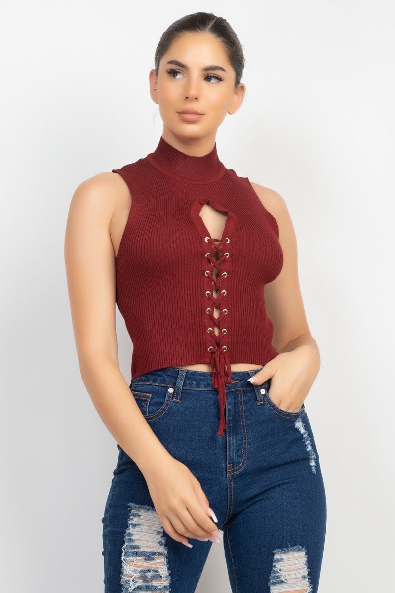 Mock Neck Ribbed Lace-Up Cutout Crop Top – Sleeveless Knit Corset Style