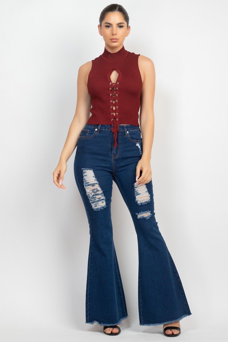 Mock Neck Ribbed Lace-Up Cutout Crop Top – Sleeveless Knit Corset Style