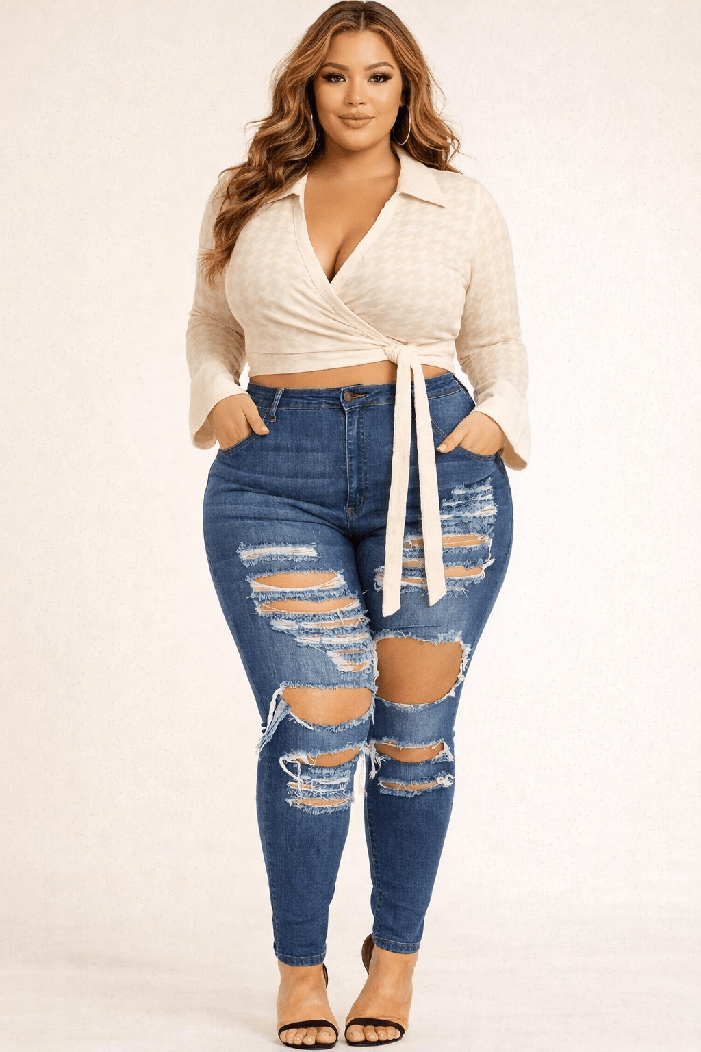 Monaco Plus Knitted Sheer Tie Front Crop Top