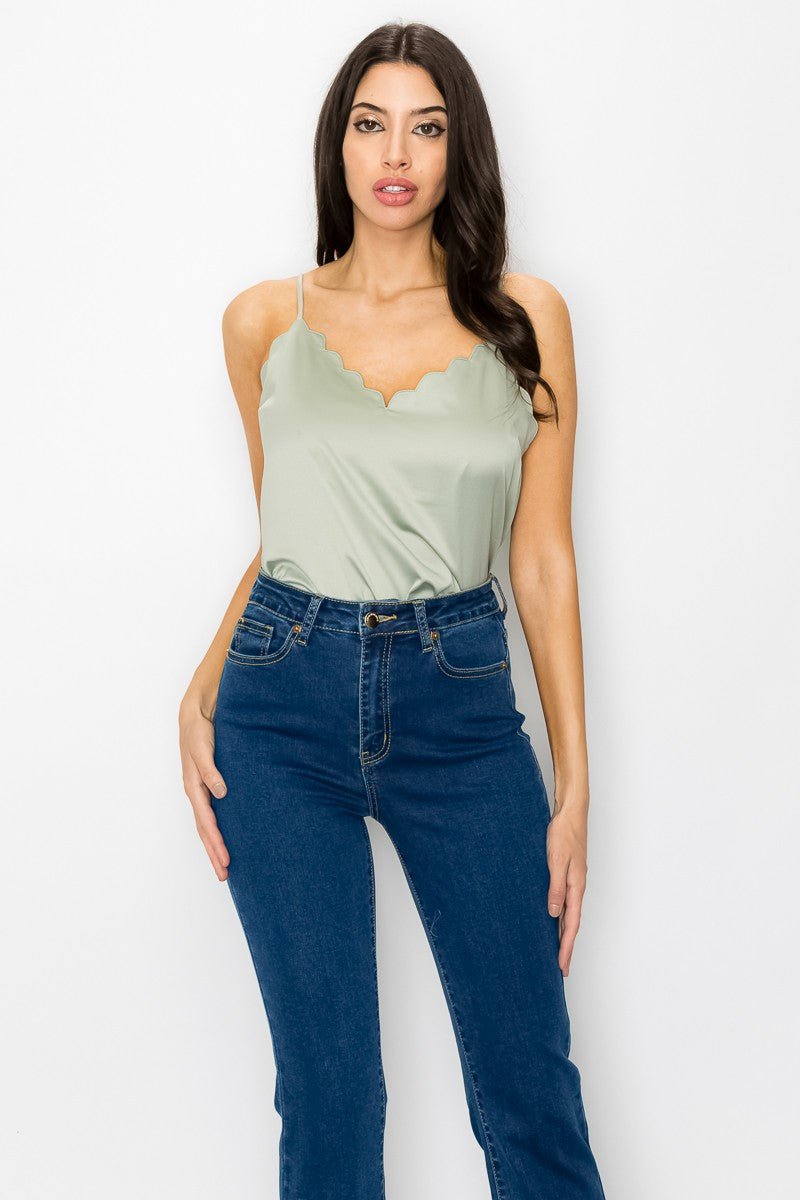 Olive Satin Scallop V-Neck Cami Top – Adjustable Straps & Square Back
