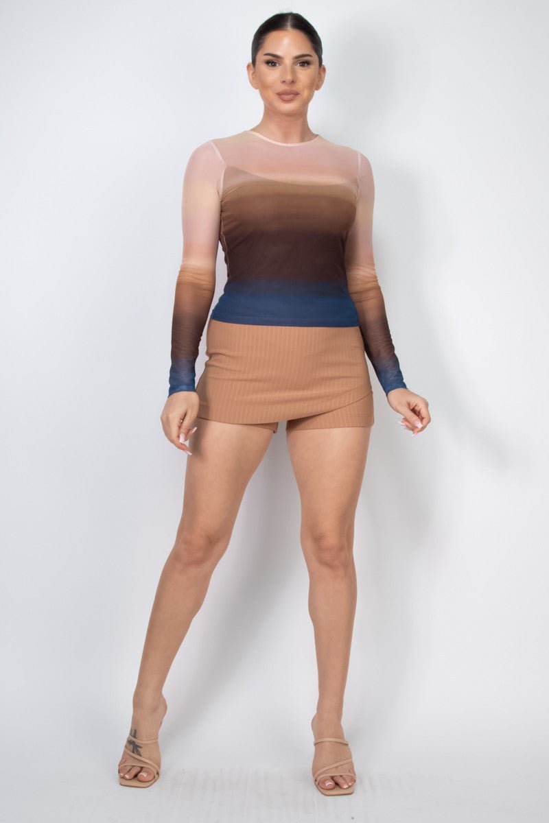 Ombre Mesh Long Sleeve Top – Sheer Gradient Fitted Tee