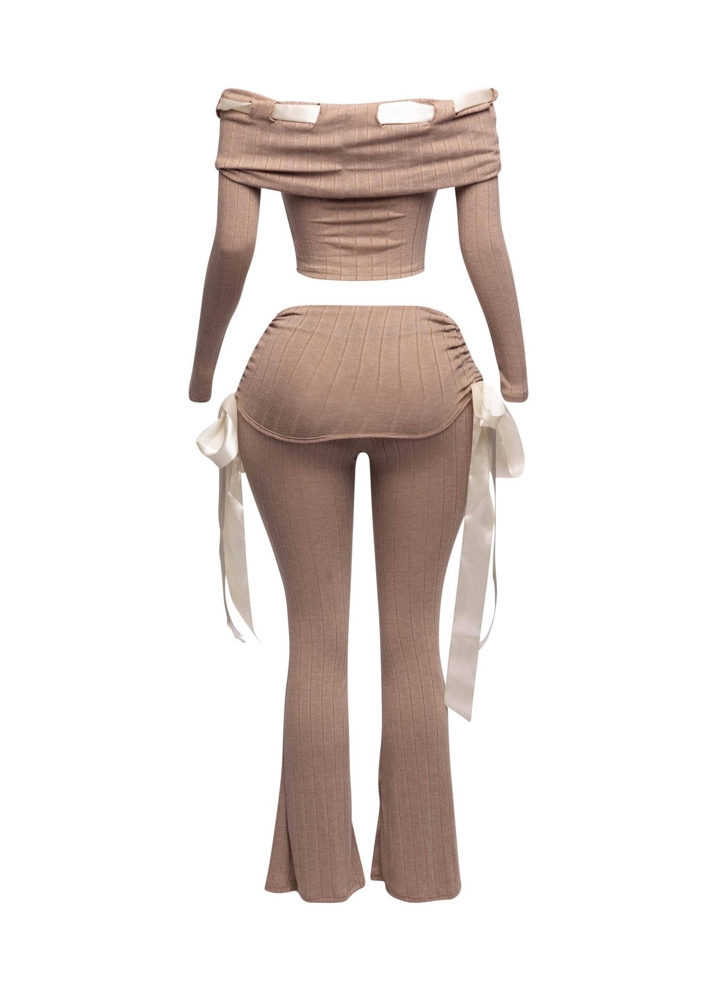 Petite It's A Wrap Pant Set With Off-Shoulder Top, Ribbon Trim, And Wide Leg Style - Unique 2-Piece Outfit