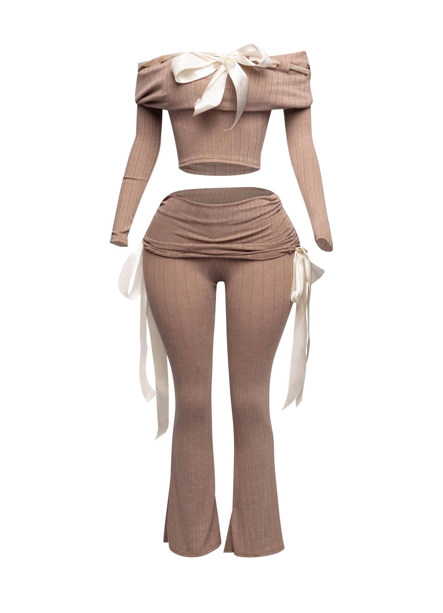 Petite It's A Wrap Pant Set With Off-Shoulder Top, Ribbon Trim, And Wide Leg Style - Unique 2-Piece Outfit