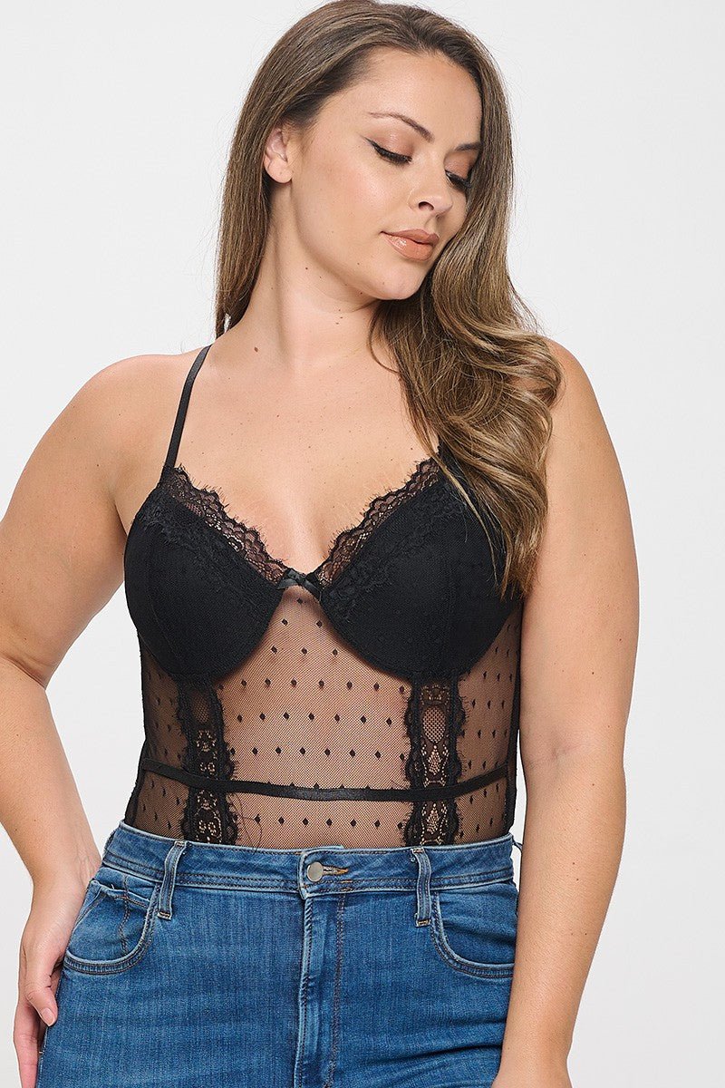 Plus Size Polka Dot Sheer Mesh Bodysuit | Lace Trim One-Piece
