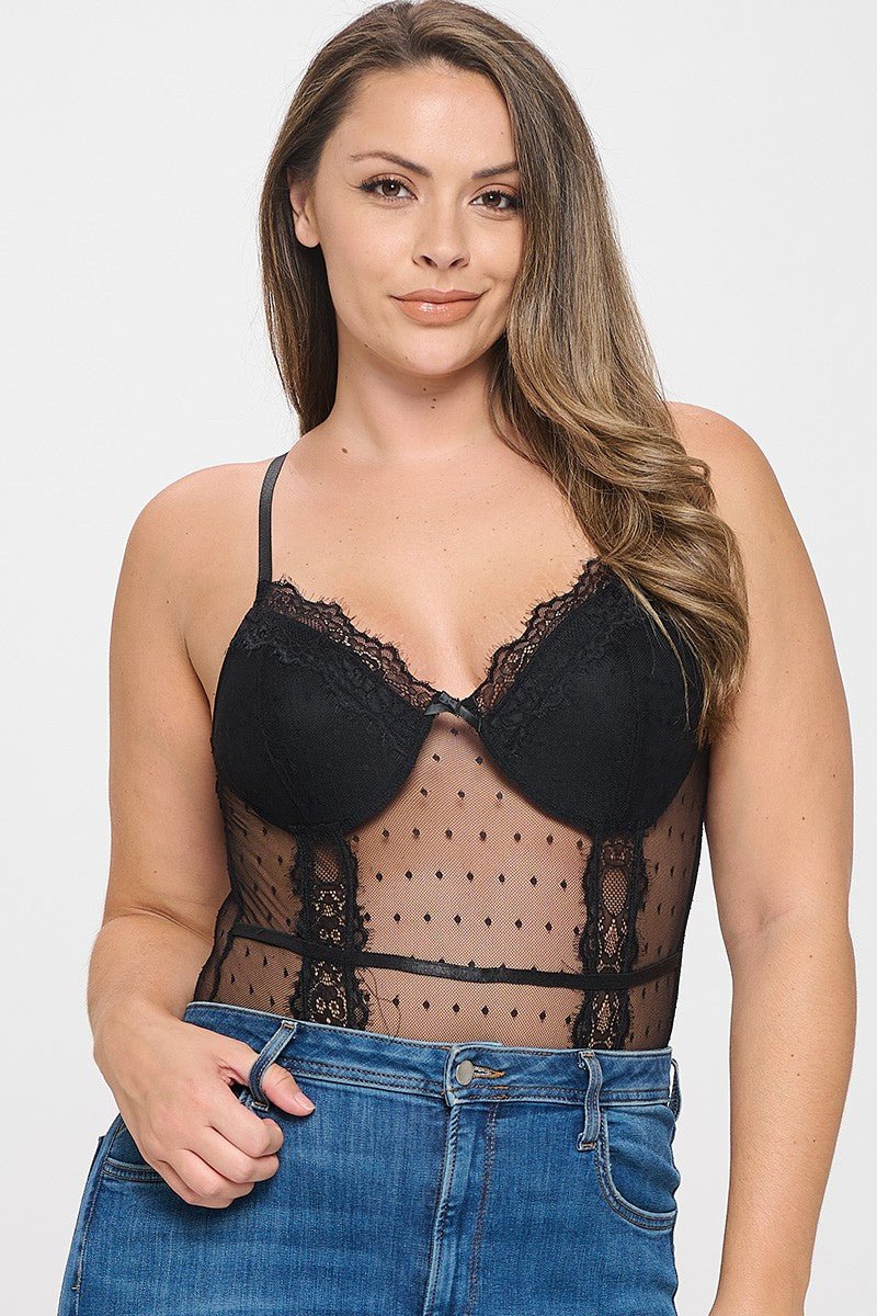 Plus Size Polka Dot Sheer Mesh Bodysuit | Lace Trim One-Piece