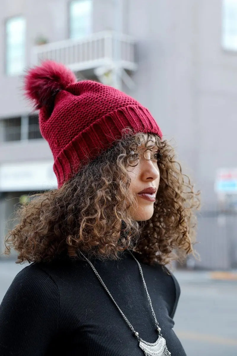 Pom Beanie with Faux Sherpa Lining