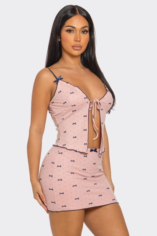 Pretty Bow Mini Skirt  and Spaghetti Strap Top Set – Chic Two-Piece Outfit for Women