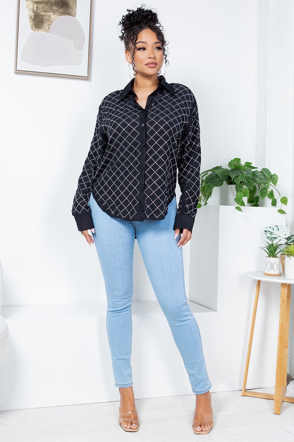 Rhinestone Button-Up Shirt Blouse – Effortless Glam Meets Everyday Comfort