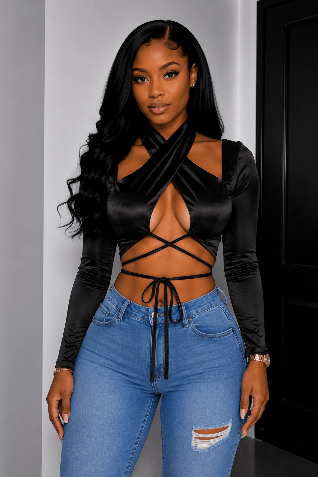 Sadie Long Sleeve Front Wrap and Cross Straps Crop Top