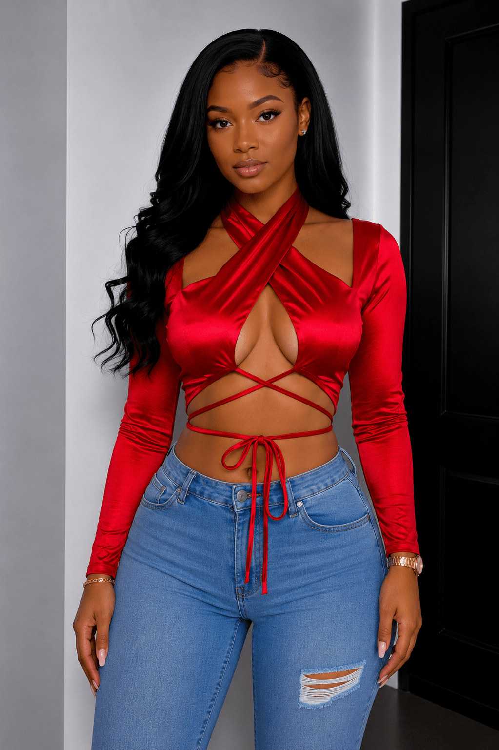 Sadie Long Sleeve Front Wrap and Cross Straps Crop Top