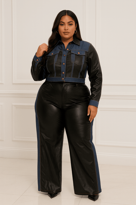 Samara Plus Size Denim Contrast Jacket And Pant Set