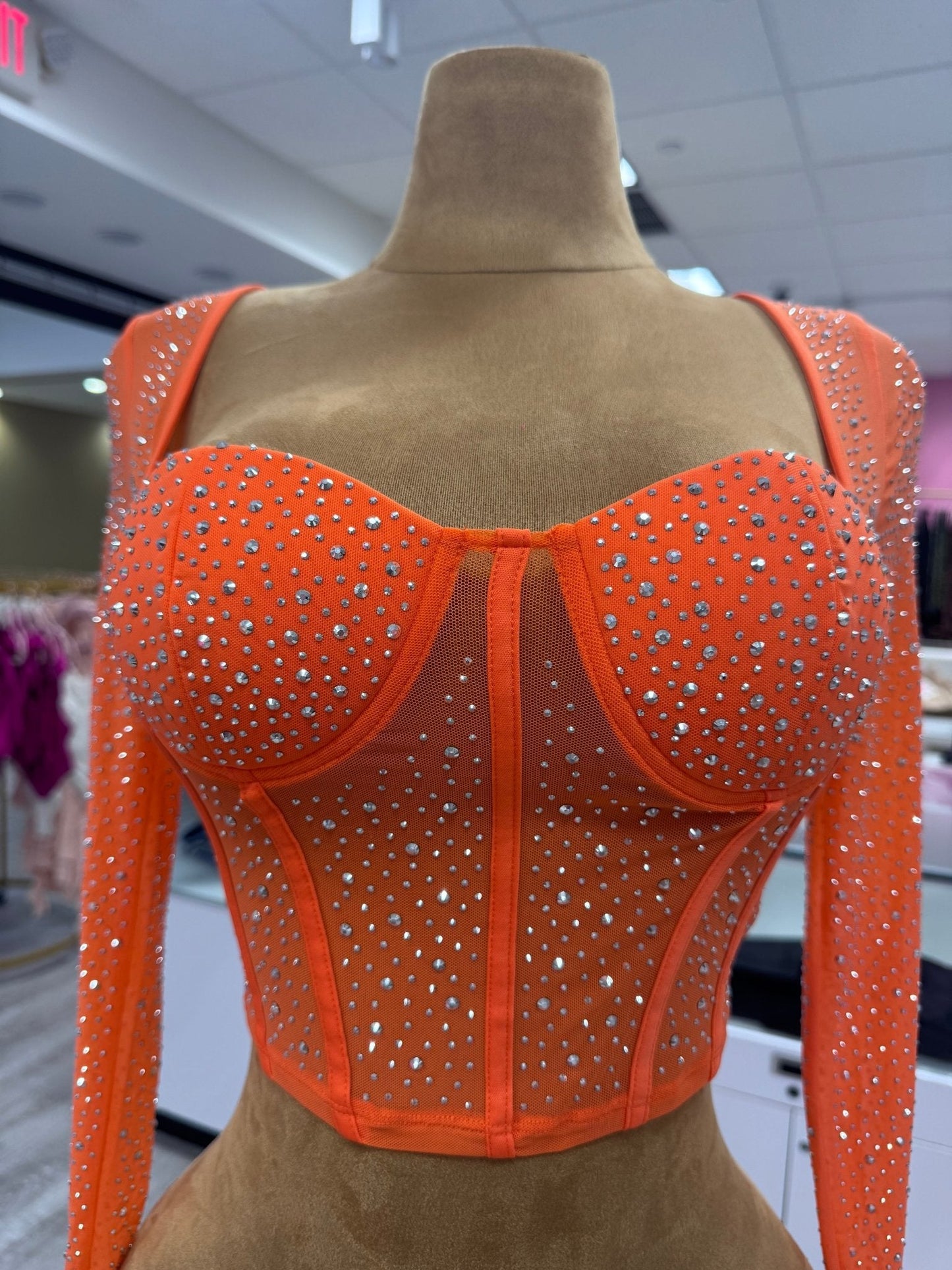 Seline Corset Mesh Long Sleeve Rhinestone Top