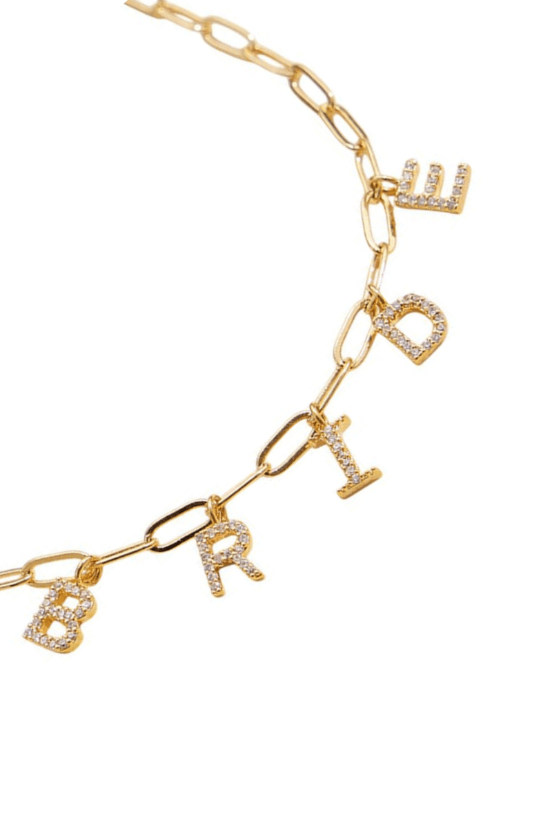 Semi Fine Collection - 18K Gold Dipped Brass Metal Stone Paved BRIDE Monogram Charm Paperclip Chain Necklace