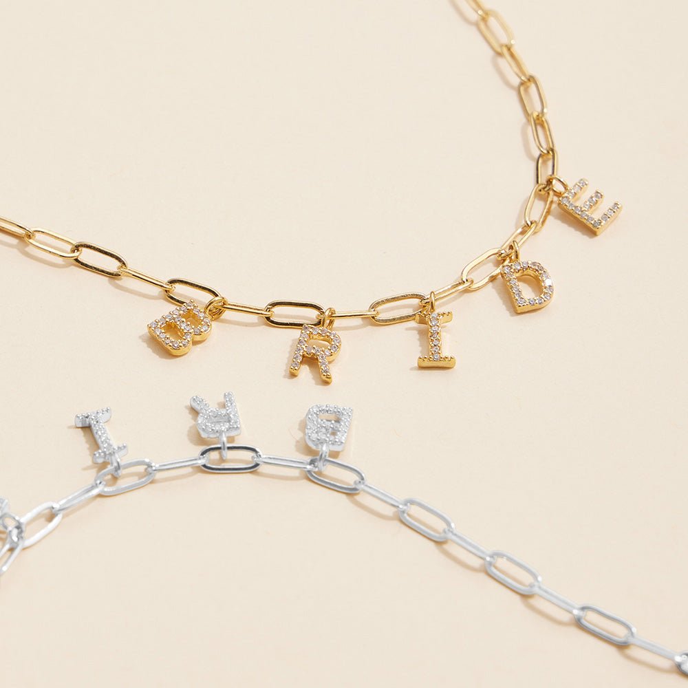 Semi Fine Collection - 18K Gold Dipped Brass Metal Stone Paved BRIDE Monogram Charm Paperclip Chain Necklace