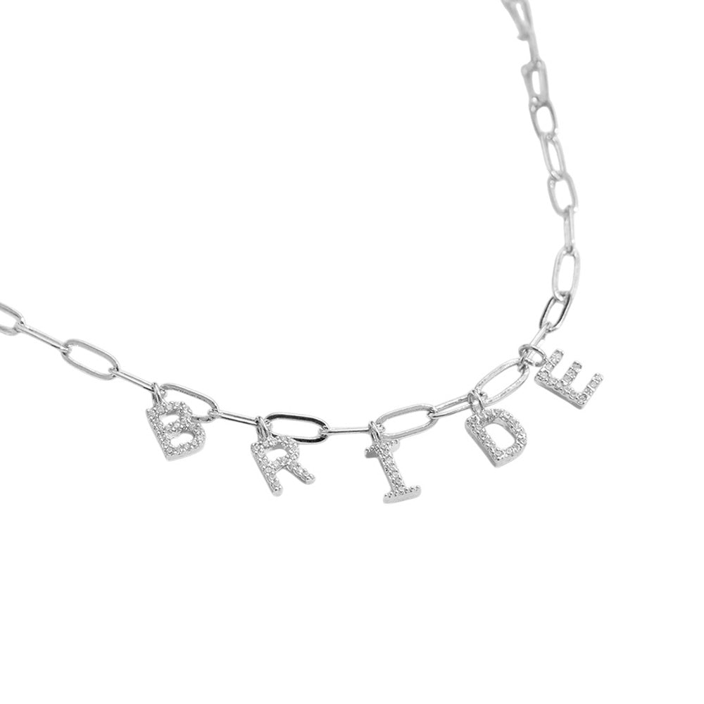 Semi Fine Collection - 18K Gold Dipped Brass Metal Stone Paved BRIDE Monogram Charm Paperclip Chain Necklace